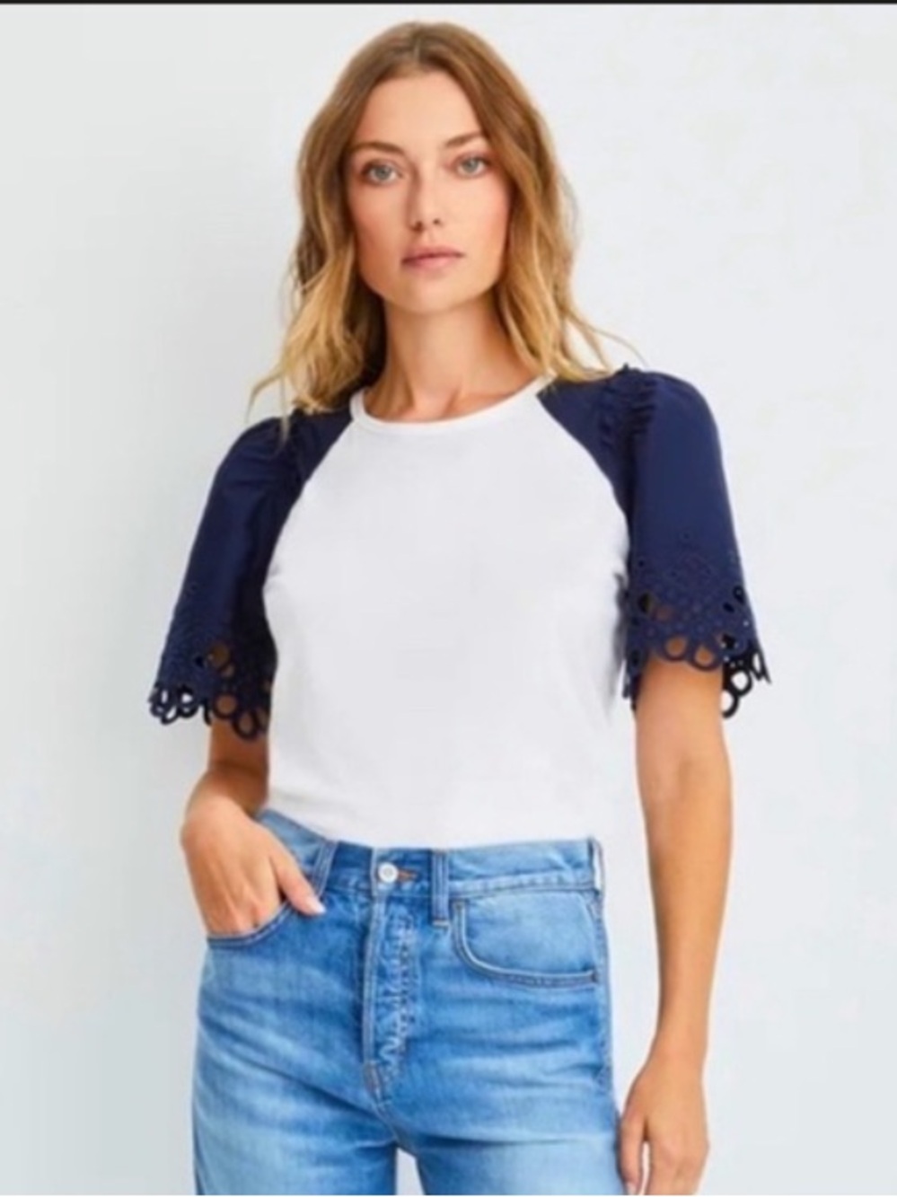Veronica Beard Briana Tee with Navy Eyelet Puff Sleeves